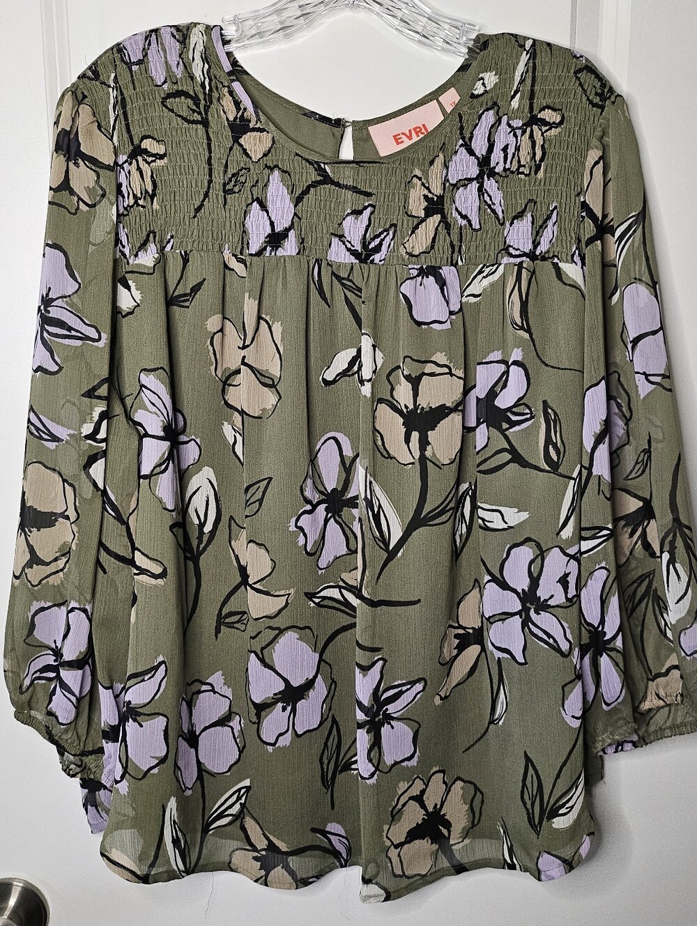 EVRI Floral Blouse 1X Olive Green Smocked Yoke Boho Peasant Top Plus Size